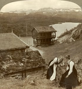 Chismes en una posada en Botten, con vista al lago Voxli - vista hacia las montañas Haukeli, Noruega de Unbekannt