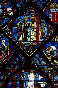 Arquitectura gótica. Historia de Carlomagno (detalle): Carlomagno recibido por Constantino I, emperador bizantino. Vidriera del deambulatorio norte, absidal. Catedral de Chartres de Unbekannt