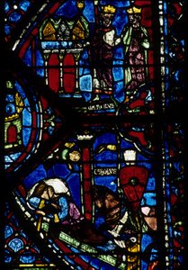Arquitectura gótica. Historia de Carlomagno (detalle): Carlomagno recibe 3 cacerías (alto) y Visión de Constantino (I, emperador bizantino). Vidriera del deambulatorio norte, absidal. Catedral de Chartres de Unbekannt