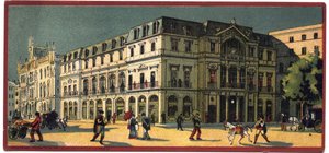 Grandes hoteles: vista exterior del Avenida Palace en Lisboa, Portugal - Mapa de una serie que presenta los hoteles de la Compagnie Internationale des Grands Hotels, finales del siglo XIX-principios del XX de Unbekannt