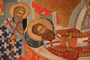 Icono ortodoxo griego que representa la dormición de San Gregorio Palamas, Tesalónica, Grecia de Unbekannt