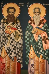 Icono ortodoxo griego que representa a San Vissarion y San Epifanio, Tesalónica, Grecia de Unbekannt
