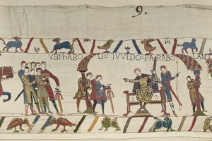 Harold y el Conde Guy de Ponthieu hablando juntos en Beaurain, Tapiz de Bayeux de Unbekannt