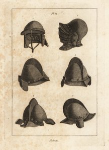 Casco con bever de apertura hacia abajo en la Torre de Londres 1, casco de doble barra 2, y salet con oreillets o piezas de oreja 3-6 de Unbekannt