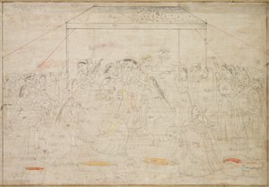 Dios hindú Krishna vestido con ropa de mujer para el festival de primavera Holi, c. 1790