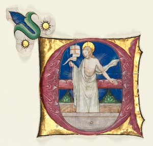 Inicial Historiada E Excisa de un Antifonario: Cristo Resucitado en la Tumba, c. 1420-1450
