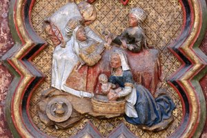 Historia de San Juan Bautista: "Natividad de San Juan Bautista." Bajo relieve del extremo norte del coro norte (1531). Piedra policromada. 1531. Catedral de Amiens, Amiens, Francia de Unbekannt