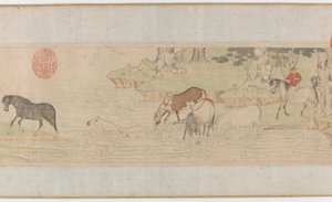 Caballos y mozos cruzando un río, dinastía Yuan o principios de la dinastía Ming, siglo XIV