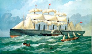El barco de vapor Great Eastern de IK Brunel mostrando la vivienda para la rueda de paletas y las velas, 1857