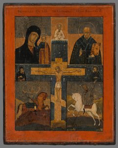 Icono - Crucifixión con la Madre de Dios de Kazán, San Nicolás, San Jorge y San Demetrio de Unbekannt