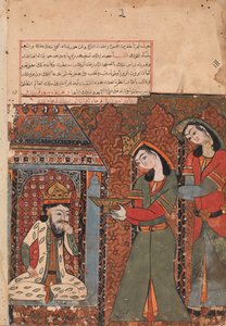 Ilar o Irakht a punto de lanzar el cuenco de arroz al rey, Folio de un Kalila wa Dimna, siglo XVIII de Unbekannt
