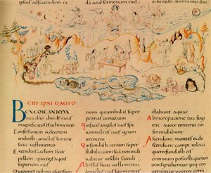 Ilustración y parte del texto del Salmo 103, c1000-1050, 1947