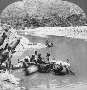 Pieles de buey infladas usadas como balsas en el río Sutlej, Punjab, India, c1900s de Unbekannt