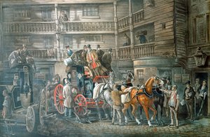 Patio de la posada con el coche de correos preparándose para salir, c1840 de Unbekannt