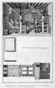 Interior de una imprenta y plano de una prensa, 1751-1777 de Unbekannt