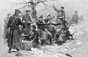 Soldados japoneses y rusos confraternizando, Guerra Ruso-Japonesa, 1904-5