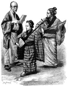 Músicos japoneses y un comerciante, 1895