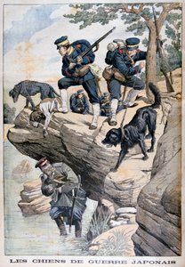 Soldados japoneses con perros localizan a un ruso escondido, Guerra Ruso-Japonesa, 1904 de Unbekannt