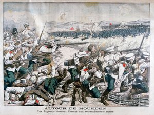 Tropas japonesas atacando trincheras rusas, Mukden, Manchuria, octubre 1904