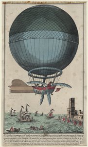 Jean Pierre Blanchard y John Jefferies llegando a Calais después de cruzar el Canal de la Mancha en un globo aerostático, 1785