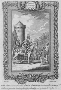 Juana de Arco comúnmente llamada la Doncella de Orleans recibiendo la espada de Santa Catalina, c1787 de Unbekannt