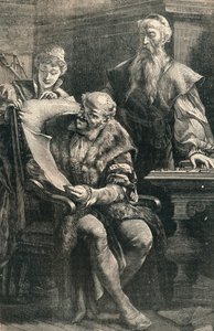 Johannes Gutenberg mostrando parte del primer libro impreso a Faust, siglo XIV de Unbekannt