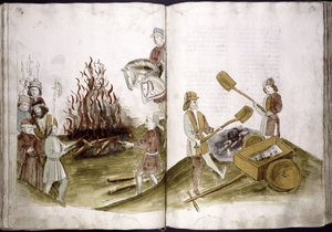 Juan Hus es quemado en la hoguera el 6 de julio de 1415 y sus cenizas son arrojadas al Rin de: Crónica del Concilio de Ulrich Richental, 1414-1418 de Unbekannt