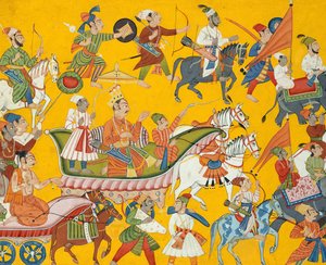 El rey Dasaratha y su séquito se dirigen a la boda de Rama: Folio del Shangri..., ca. 1690-1710