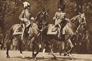 El Rey Eduardo al frente de la Brigada de Guardias, se vuelve, imperturbable, para hacer una consulta después de la revuelta de Unbekannt