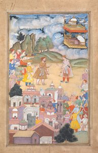 El rey Sal visita a Kala Yavana, Folio de una leyenda de Harivamsa de Hari Krishna de Unbekannt