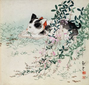 Gatito en hierba y flores de follaje - Impresión japonesa de Unbekannt