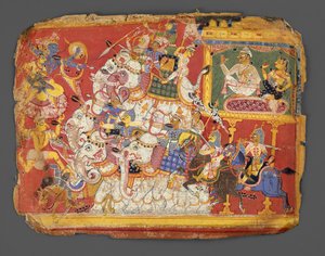 Krishna lucha contra los ejércitos del demonio Naraka: Página de un manuscrito del Bhagavata Purana, ca. 1540 de Unbekannt