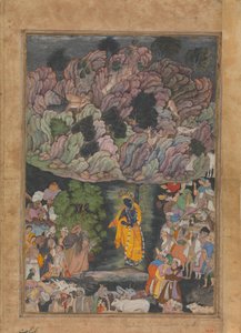 Krishna sostiene el monte Govardhan para proteger a los aldeanos de Braj, Folio de..., ca. 1590-95 de Unbekannt
