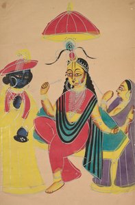 Krishna de pie junto a Radha que está sentada en una silla, 1800s
