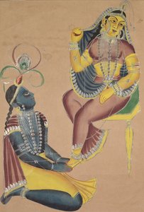 Krishna acariciando los pies de Radha, 1800s