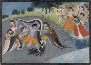 Krishna sometiendo a Kaliya, el demonio serpiente: Folio de una serie de Bhagavata Purana, ca. 1785
