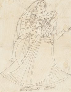 Krishna vestido de mujer abrazando a Radha, siglo XIX de Unbekannt
