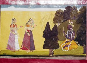Krishna con flauta, acercado por dos damas de Unbekannt
