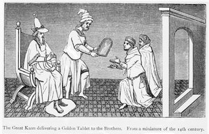 Kublai Khan entrega una tableta dorada asegurando el paso seguro a Niccolò y Maffeo Polo (grabado) de Unbekannt