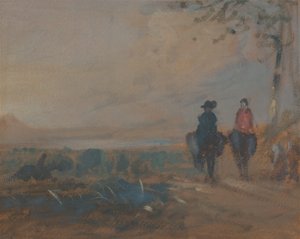 Paisaje con lago y dos figuras montando, ca. 1820 de Unbekannt