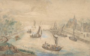 Paisaje con río en el centro, con ferry, siglo XVIII de Unbekannt