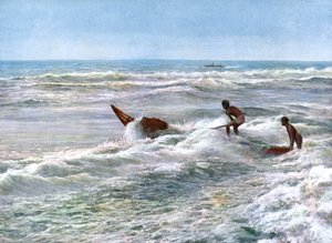 Lanzamiento de un catamarán en la costa de Madrás, India, principios del siglo XX de Unbekannt