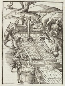 Lavado del mineral de oro en bandejas de madera llenas de agua - Grabado extraído de Descripción de los minerales y los principales métodos de explotación minera, de Lazarus Ecker de Unbekannt