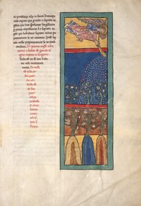 Hoja de un manuscrito Beatus: el primer ángel toca la trompeta..., ca. 1180 de Unbekannt