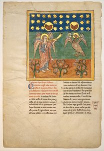 Hoja de un manuscrito Beatus: el cuarto ángel toca la trompeta y un águila..., ca. 1180 de Unbekannt