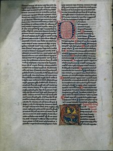 Hoja de una Biblia: Inicial E: Leones y serpientes entrelazados 1 de 2 hojas excisadas, c. 1225-50