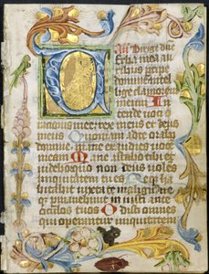 Hoja de un Libro de Horas: Inicial V con borde floral, c. 1460-1500