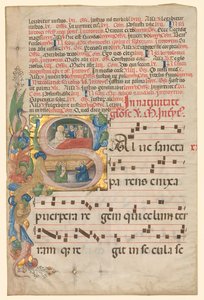 Hoja de un Gradual: Inicial Historiada S[alve Sancta Parens] con el Nacimiento de la Virgen recto de Unbekannt