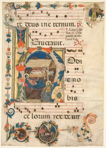 Hoja de un Antifonario con Inicial Historiada H con La Natividad en el recto y Música en el verso de Unbekannt