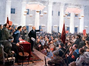 Lenin arengando a los diputados del 2º Congreso Soviético, Palacio Smolny, San Petersburgo, 1917 de Unbekannt